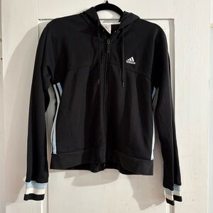 Adidas Black Hoodie with Blue and White Stripe Accents